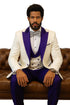 Hilton White and Purple Paisley Peak Lapel Tuxedo Jacket with Matching Shawl Vest and Wool Pants – Includes Bow Tie