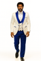 Hilton White and Royal Blue Paisley Peak Lapel Tuxedo Jacket with Matching Shawl Vest and Wool Pants – Includes Bow Tie