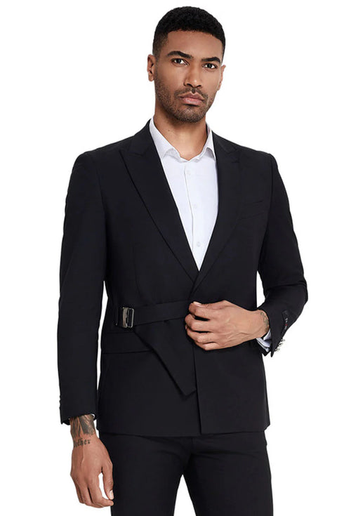 Mens French Front Peak Lapel Strapped Slim Fit Suit in Black