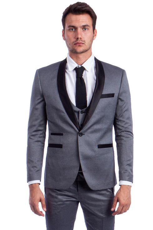 Mens Gray Tuxedo - Grey Wedding Suit-Mens One Button Low Cut Vested Shawl Tuxedo In Grey