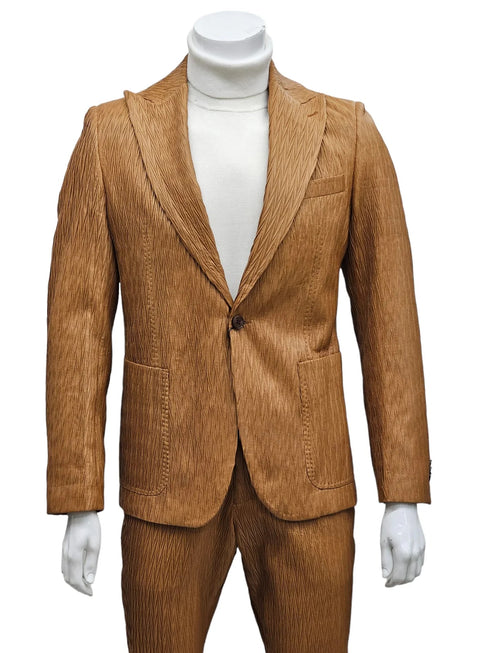 Mens 1 Button Peak Lapel Vegan Leather Suit Tan