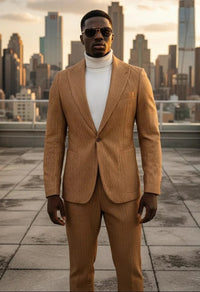 Mens 1 Button Peak Lapel Vegan Leather Suit Tan