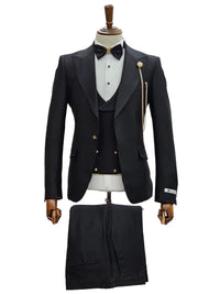 Mens Giovanni Testi Black Slim Fit 3 Piece Suit – One Button Peak Lapel, Double Breasted Vest, Modern Center Vent