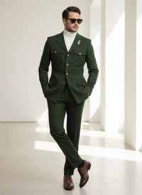 Mens Giovanni Testi Slim Fit Green Suit – 2 Piece 4 Button Formal Suit with Notch Lapel