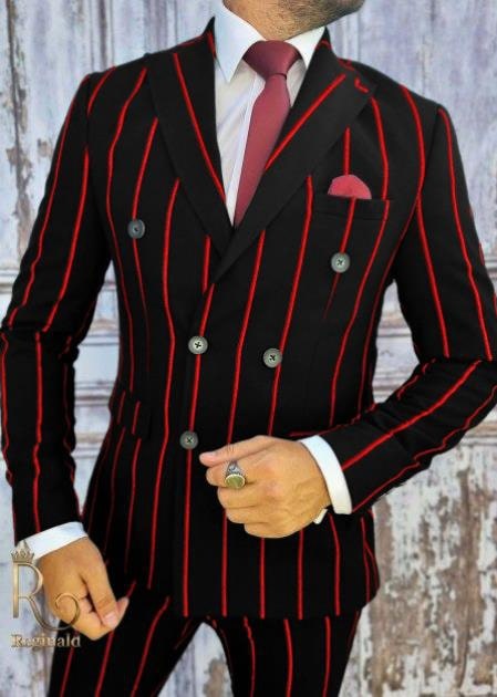 1920s Style Suit - Gangster Suit - Pinstripe Suit - Double Breasted Suits - Black And Red Pinstripe