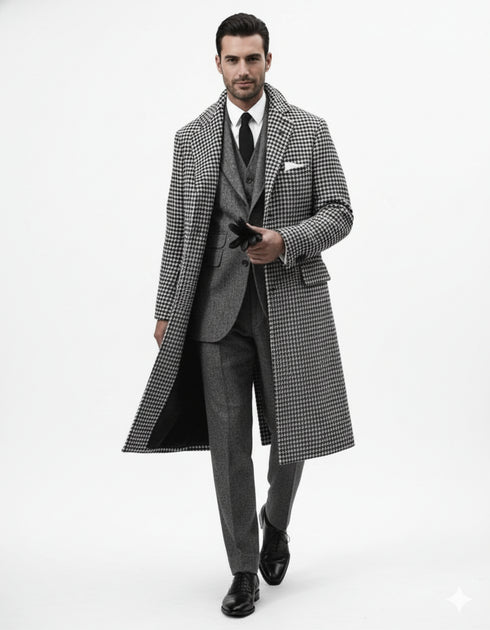 Houndstooth Overcoat - Black And White Checker Wool And Cashmere Fabric Topcoat By Alberto Nardoni