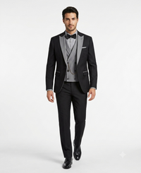 Men’s Black And White Lapel 3 Piece Tuxedo Suit with Silver Gray Satin Lapel | Formal Wedding Prom Suit Set