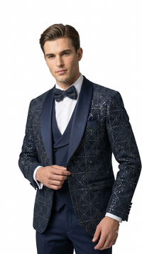Men's Navy Blue Velvet Patterned Shawl Lapel Tuxedo Set for Wedding & Prom