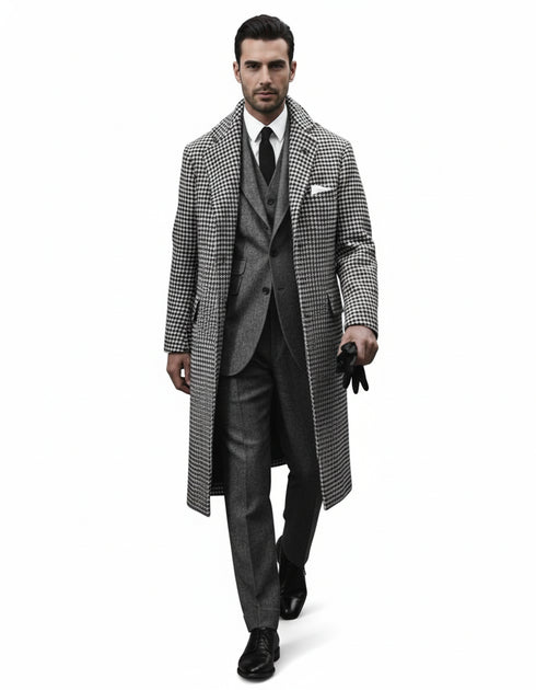 Houndstooth Overcoat - Black And White Checker Wool And Cashmere Fabric Topcoat By Alberto Nardoni