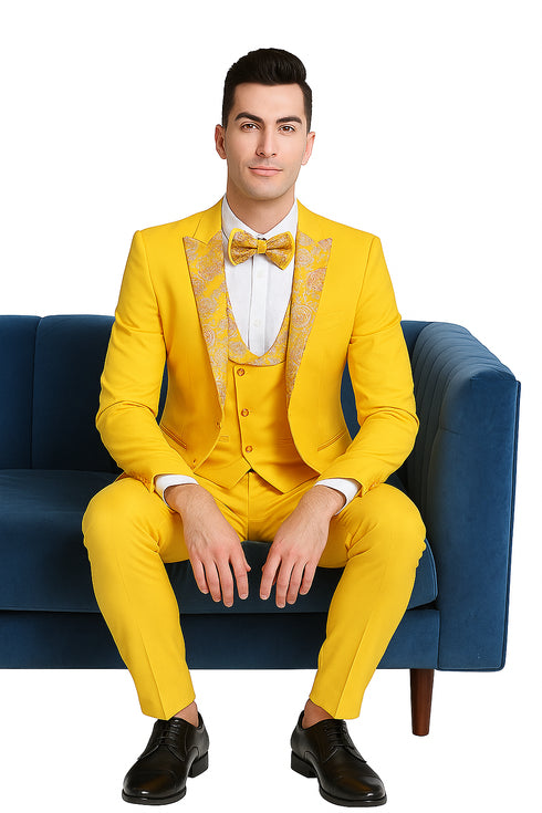 Radiant Golden Bloom Mens 3-Piece Suits with Floral Peak Lapel