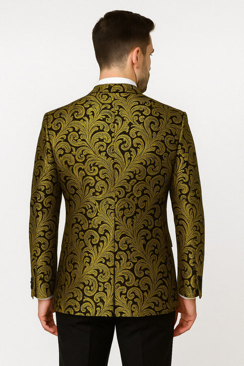 Mens Goldish Yellow and Black Paisley Tuxedo Blazer with Matching Bow Tie with Black Pants