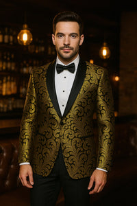 Mens Goldish Yellow and Black Paisley Tuxedo Blazer with Matching Bow Tie with Black Pants