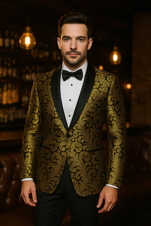 Mens Goldish Yellow and Black Paisley Tuxedo Blazer with Matching Bow Tie with Black Pants
