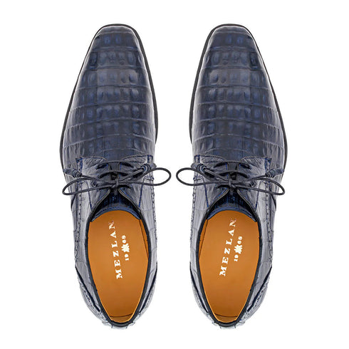Golfo Plain Toe Crocodile Derby Blue By Mezlan Made In Spain Brand