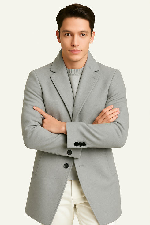 Mens Light Gray Wool Overcoat – Classic Single-Breasted Winter Coat