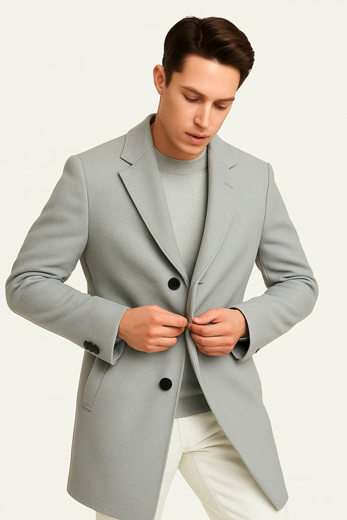 Mens Light Gray Wool Overcoat – Classic Single-Breasted Winter Coat