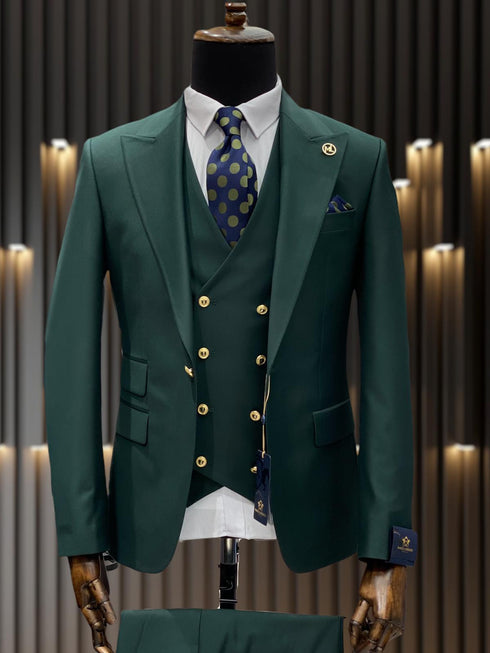 Ivory and Gold Button Wedding Suit - Off White Cream Peak Lapel with Double breasted Vest