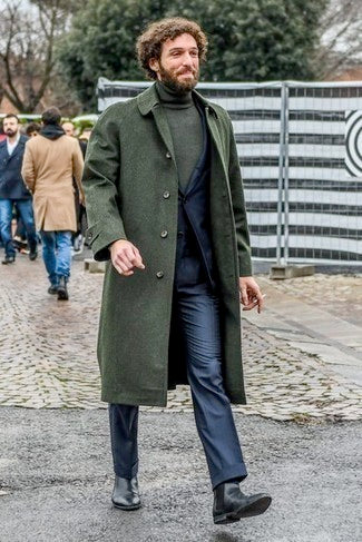Men’s Olive Green Wool Overcoat Outfit – Winter Business Casual Style