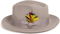 Gangster 100% Australian Wool Crushable Mens Fedora Hat - Removable Feather Gangster Light Grey Mens Fedora Hat