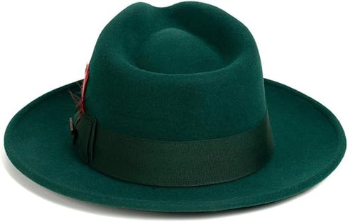 Gangster 100% Austrailian Wool Crushable Mens Fedora Hat - Removable Feather Gangster Hunter Green Mens Fedora Hat