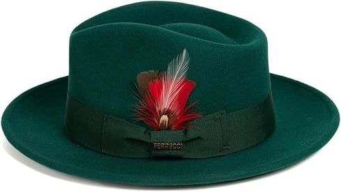 Gangster 100% Austrailian Wool Crushable Mens Fedora Hat - Removable Feather Gangster Hunter Green Mens Fedora Hat