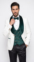 Marco Lorenzo Premium White Paisley 4 Piece Suit with Green Velvet Shawl Lapel and Matching Bow Tie