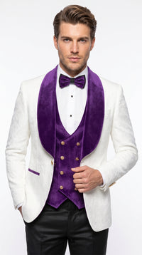 Marco Lorenzo Premium White Paisley 4 Piece Suit with Purple Velvet Shawl Lapel and Matching Bow Tie