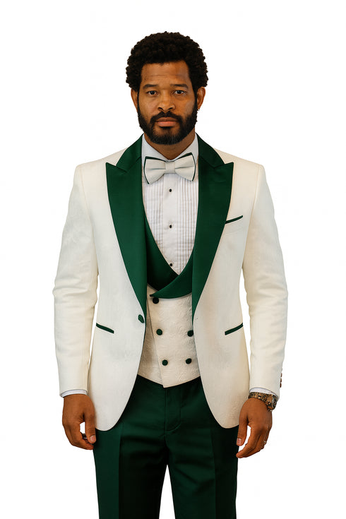 Hilton White and Hunter Green Paisley Peak Lapel Tuxedo Jacket with Matching Shawl Vest and Wool Pants – Includes Bow Tie