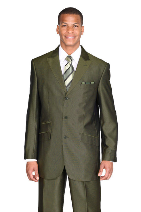 Mens 3 Button Classic Fit Tonal Sharkskin Peak Lapel Suit in Olive