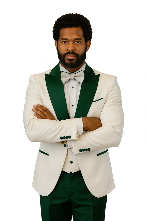 Hilton White and Hunter Green Paisley Peak Lapel Tuxedo Jacket with Matching Shawl Vest and Wool Pants – Includes Bow Tie