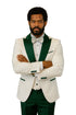Hilton White and Hunter Green Paisley Peak Lapel Tuxedo Jacket with Matching Shawl Vest and Wool Pants – Includes Bow Tie