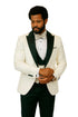 Hilton White and Black Paisley Peak Lapel Tuxedo Jacket with Matching Shawl Vest and Wool Pants – Includes Bow Tie
