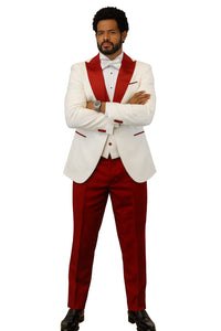 Hilton White and Red Paisley Peak Lapel Tuxedo Jacket with Matching Shawl Vest and Wool Pants – Includes Bow Tie