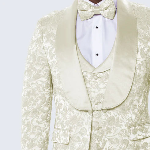Ivory Floral Prom Tuxedo for Men – Wide Shawl Lapel Formal Set