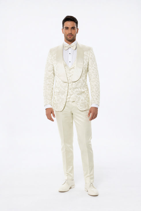 Ivory Floral Prom Tuxedo for Men – Wide Shawl Lapel Formal Set