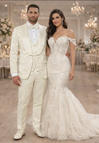 Ivory Floral Prom Tuxedo for Men – Wide Shawl Lapel Formal Set
