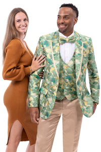 Men's Modern Fit Green Floral Print Tuxedo Jacket & Vest Set