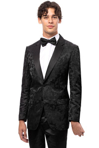 Men's Two Button Shiny Floral Print Prom Tuxedo Jacket in Black