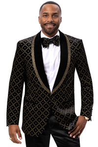 Men's Velvet Wedding & Prom Tuxedo Jacket in Black with Gold Rhinestones sequin