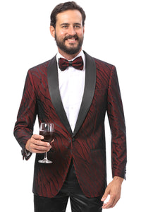 Men's One Button Modern Fit Organic Print Tuxedo Blazer in Dark Burgundy