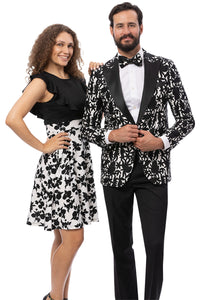 Men's One Button Peak Lapel Modern Fit Tuxedo Jacket in Black & White Floral Print