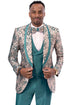 Men's Teal Green Geometric Print Vested Satin Tuxedo.