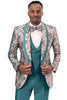 Men's Teal Green Geometric Print Vested Satin Tuxedo.