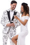 Men's Modern Fit Rose Pattern Peak Lapel Wedding Tuxedo in Black & White