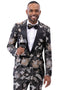 Men's One Button Peak Lapel Wedding & Prom Tuxedo Jacket in Black, Silver, & Gold Paisley