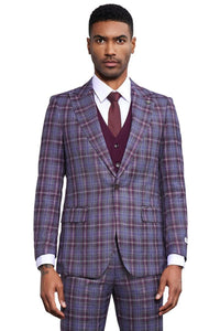 Men's Stacy Adams Bold Windowpane Plaid Print Vested Suit in Lavender & Purple