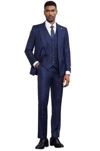 Men's Stacy Adams Classic One Button Vested Windowpane Suit in Navy Blue