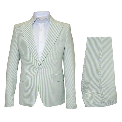 Seersucker Suit Peak Lapel Suit in Color "Light Green" - Summer Fabric Tone on Tone Shadow Stripe By Rossiman