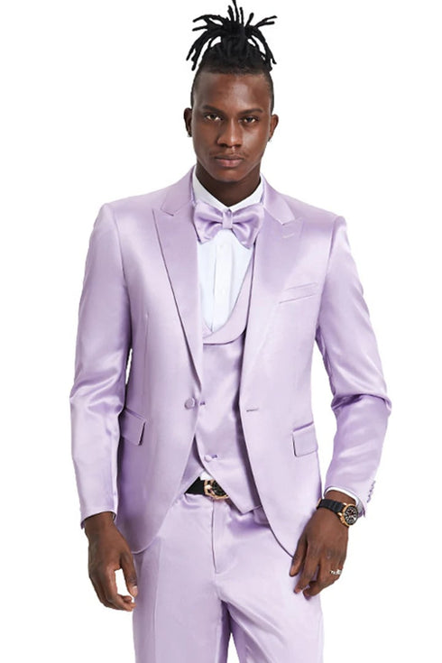 Men's One Button Vested Shiny Satin Sharkskin Prom & Wedding Lavender Party Suit