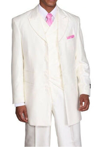 Mens Vested Wide Peak Lapel Ton on Ton Stripe Fashion Suit in Cream
